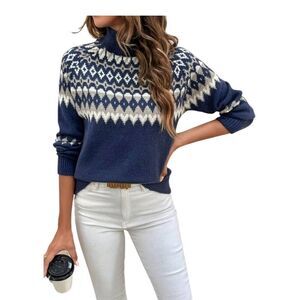 LARPOPKC Women's Navy Poly Knit Pattern High Neck Raglan Sleeve Sweater NEW